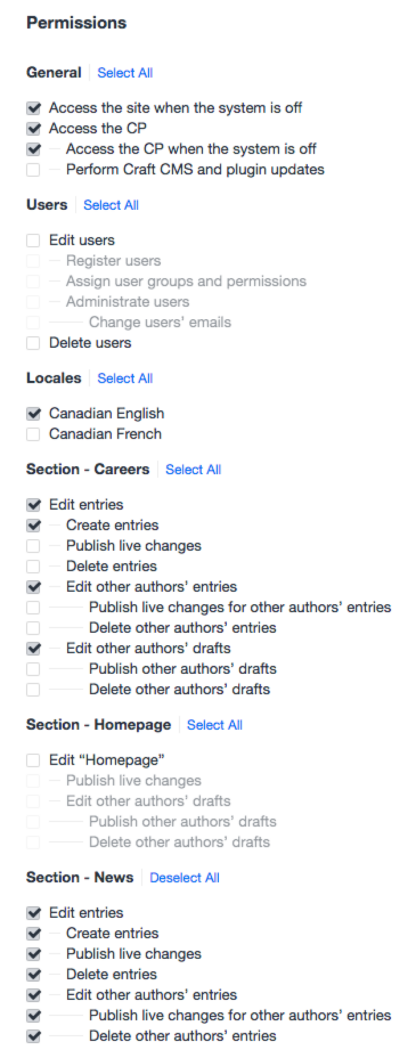 Screenshot of Craft user permissions editing interface