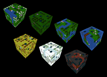 Screenshots of 7 differently themed worlds from PipQuest: field, forest, river, ocean, desert, snow, and lava